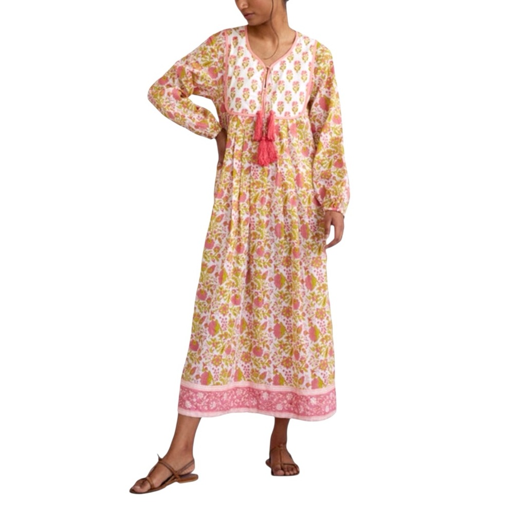 NWT SZ Blockprints Kitty Long Sleeve Floral Floral Print Midi Dress LARGE